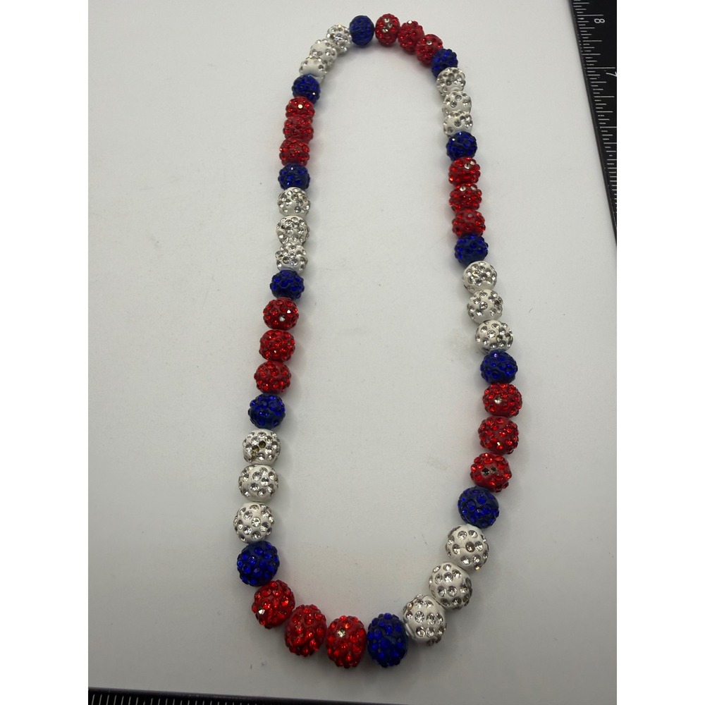 Red White Blue Rhinestone Disco Ball Bead Necklace Patriotic Americana 18 Inch - Picture 2 of 3